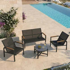 Salotto da giardino relax 4 posti con tavolino in acciaio e textilene nero Amalfi