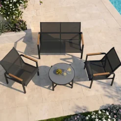Salotto da giardino relax 4 posti con tavolino in acciaio e textilene nero Amalfi