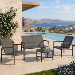 Salotto da giardino relax 4 posti con tavolino in acciaio e textilene grigio Amalfi