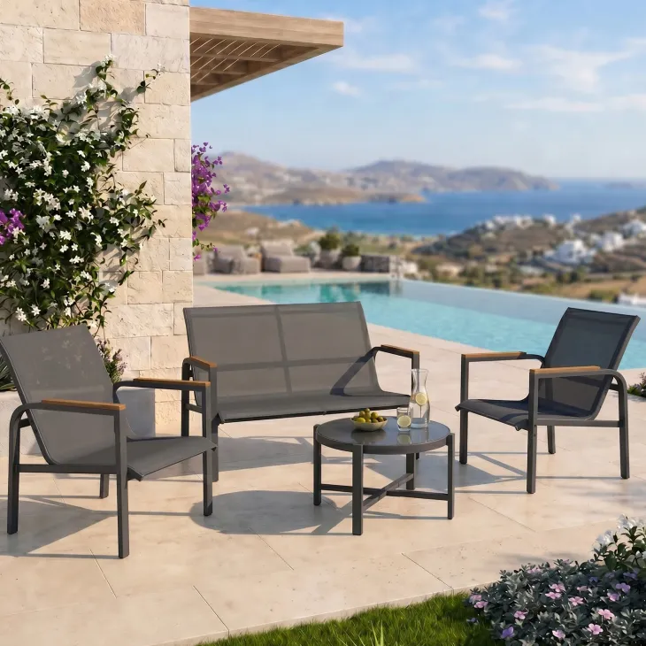 Salotto da giardino relax 4 posti con tavolino in acciaio e textilene grigio Amalfi