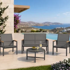 Salotto da giardino relax 4 posti con tavolino in acciaio e textilene grigio Amalfi