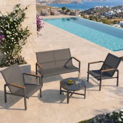 Salotto da giardino relax 4 posti con tavolino in acciaio e textilene grigio Amalfi