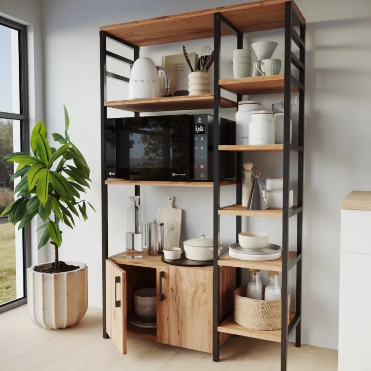 Scaffale cucina 84x141h cm 2 ante 8 ripiani industrial metallo rovere rustico Loft
