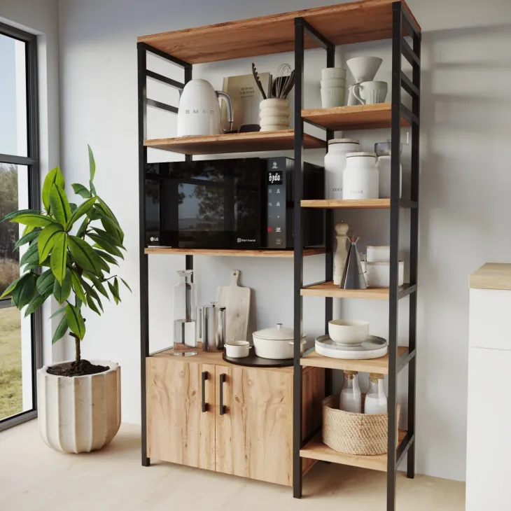 Scaffale cucina 84x141h cm 2 ante 8 ripiani industrial metallo rovere rustico Loft