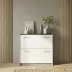 Scarpiera ingresso 98x81h cm 2 ante ribalta bianco frassinato cemento Thomas