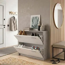 Scarpiera ingresso 98x81h cm 2 ante ribalta bianco frassinato cemento Thomas