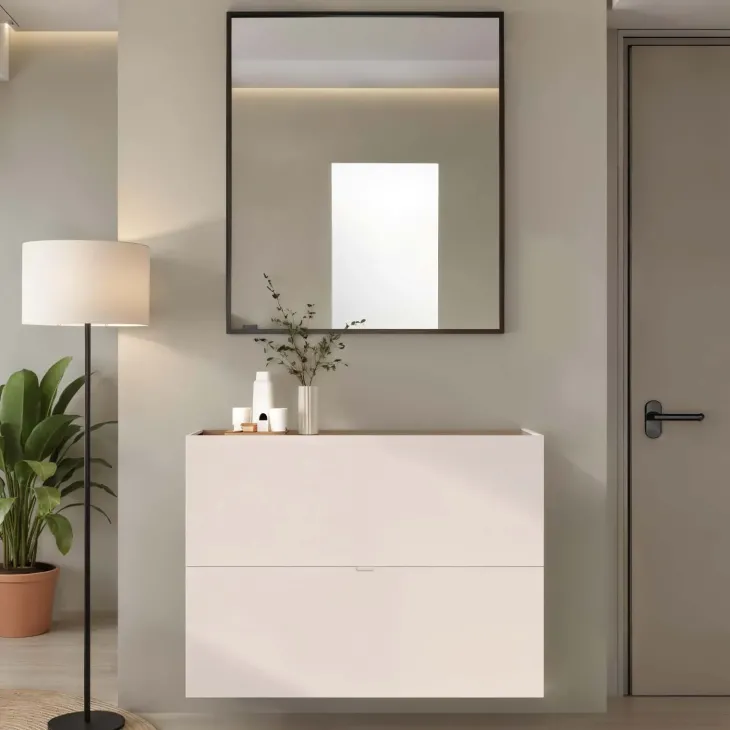 Scarpiera ingresso 103x77h cm 2 ante a ribalta beige cashmere top rovere scuro Mercor