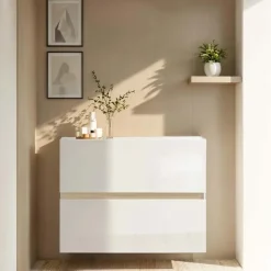 Scarpiera ingresso 103x81h cm 2 ante a ribalta bianco lucido top rovere Noren