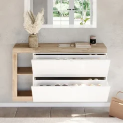 Scarpiera sospesa ingresso 133x77h cm 2 ante a ribalta bianco lucido rovere Invictus