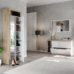 Scarpiera sospesa ingresso 133x77h cm 2 ante a ribalta bianco lucido rovere Invictus