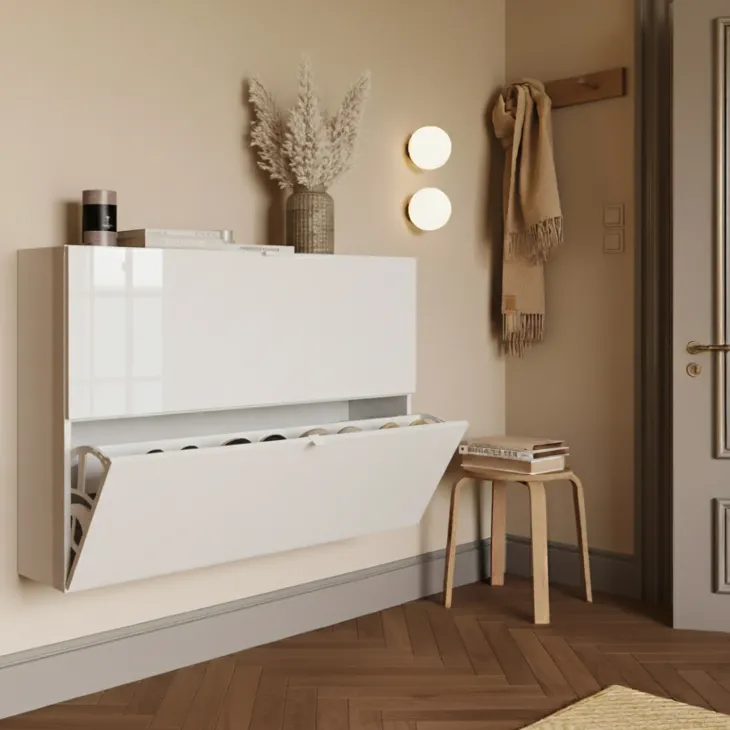 Scarpiera sospesa ingresso 110x75h cm 2 ante a ribalta bianco lucido Roks