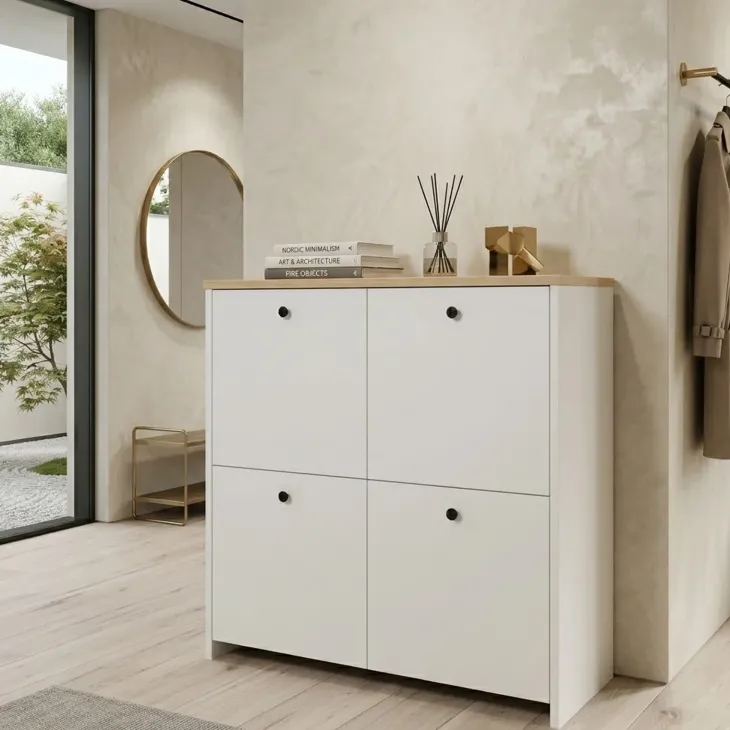 Scarpiera 90x90h cm 4 ante 4 ripiani multiuso bianco con top rovere Jamaica