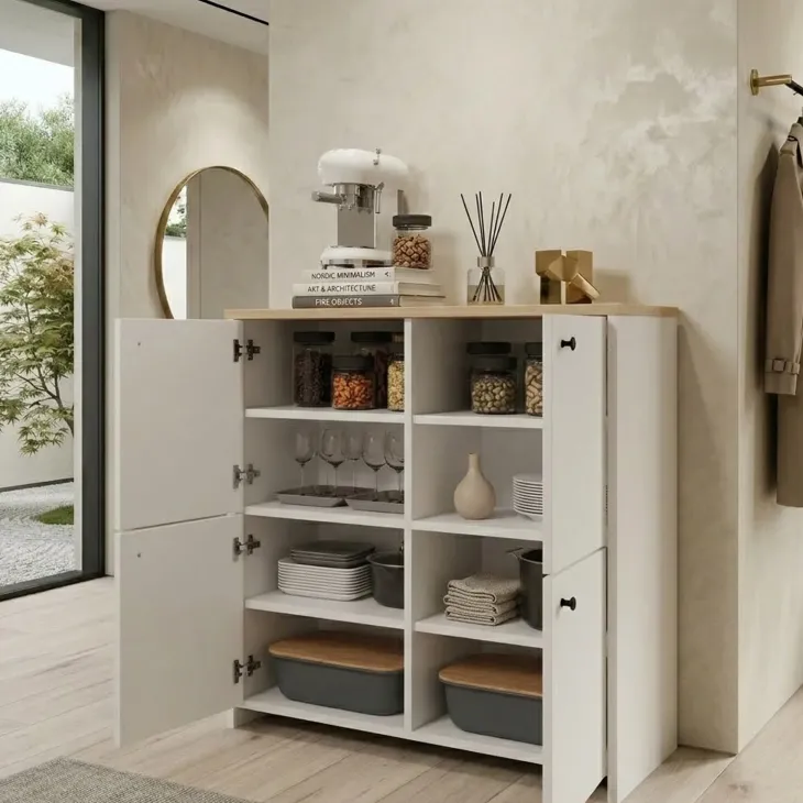 Scarpiera 90x90h cm 4 ante 4 ripiani multiuso bianco con top rovere Jamaica