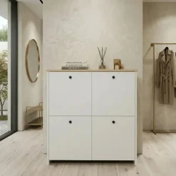 Scarpiera 90x90h cm 4 ante 4 ripiani multiuso bianco con top rovere Jamaica