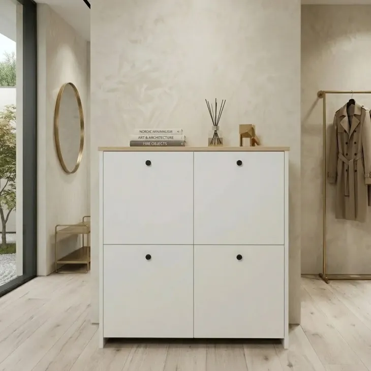 Scarpiera 90x90h cm 4 ante 4 ripiani multiuso bianco con top rovere Jamaica
