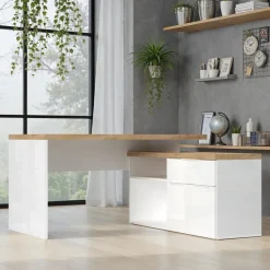 Scrivania angolare ufficio reversibile 140x120cm bianco lucido rovere chiaro Opera