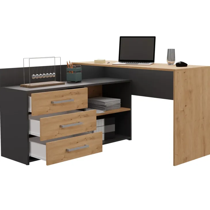 Scrivania angolare ufficio 120x120cm con cassettiera antracite rovere nodoso Genius