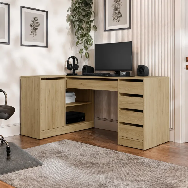 Scrivania angolare ufficio 158x98cm 1 anta 5 cassetti rovere rustico Blackpool