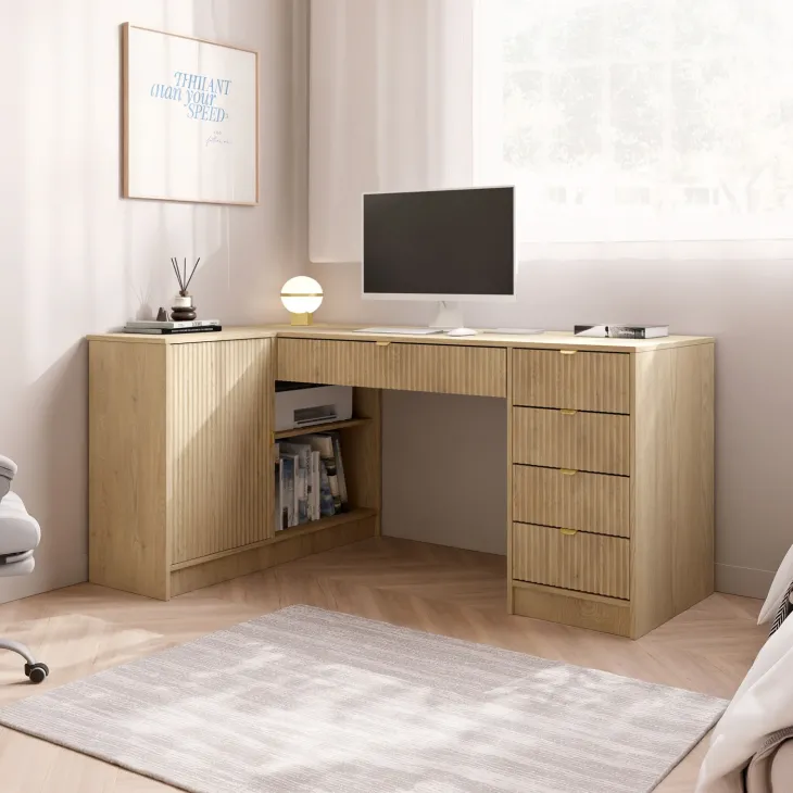Scrivania angolare ufficio 158x98cm 1 anta 5 cassetti cannettato rovere Athena