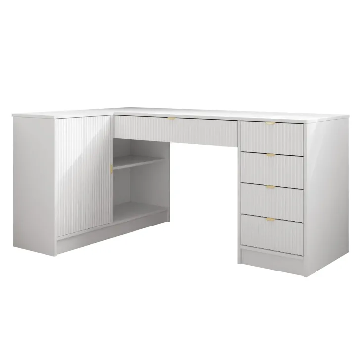 Scrivania angolare ufficio 158x98cm 1 anta 5 cassetti cannettato bianco Athena