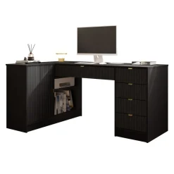 Scrivania angolare ufficio 158x98cm 1 anta 5 cassetti cannettato nero Athena