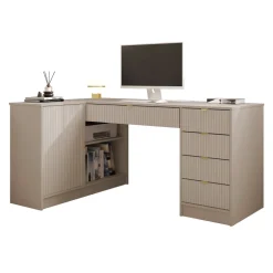 Scrivania angolare ufficio 158x98cm 1 anta 5 cassetti cannettato beige Athena