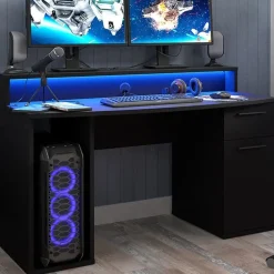 Scrivania gaming 140x65cm moderna con led 2 cassetti nera Crash