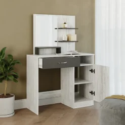 Scrivania moderna con specchio 90x38cm bianco frassinato grigio Cesare