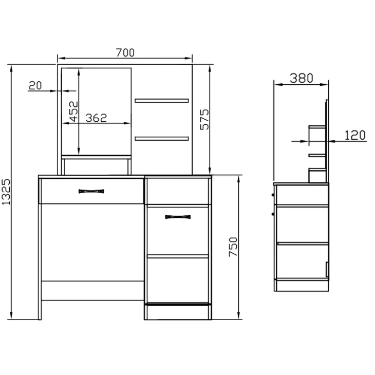 Scrivania moderna con specchio 90x38cm rovere bianco lucido Cesare