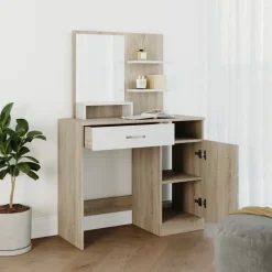 Scrivania moderna con specchio 90x38cm rovere bianco lucido Cesare