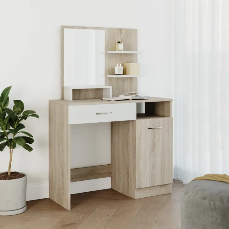 Scrivania moderna con specchio 90x38cm rovere bianco lucido Cesare