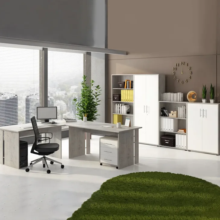 Scrivania ufficio angolare 228x198cm con cassettiera bianco cemento Woody