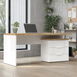 Scrivania ufficio reversibile 160x75cm con cassettiera bianco lucido rovere chiaro Opera