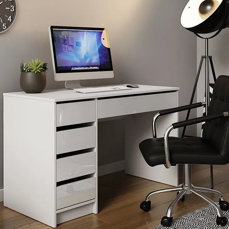 Scrivania ufficio 120x55cm 5 cassetti bianco lucido Blackpool