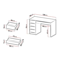 Scrivania ufficio 120x55cm 5 cassetti bianco lucido Blackpool