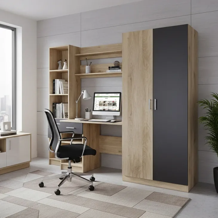 Scrivania ufficio 220x180h cm con armadio e libreria rovere grigio antracite Alexia Gihome®
