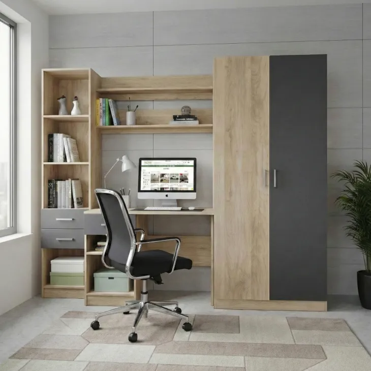 Scrivania ufficio 220x180h cm con armadio e libreria rovere grigio antracite Alexia Gihome®