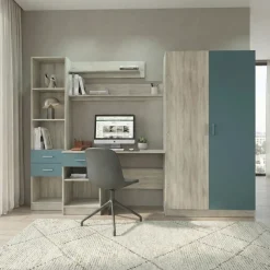 Scrivania ufficio 220x180h cm con armadio e libreria rovere blu petrolio Alexia Gihome®