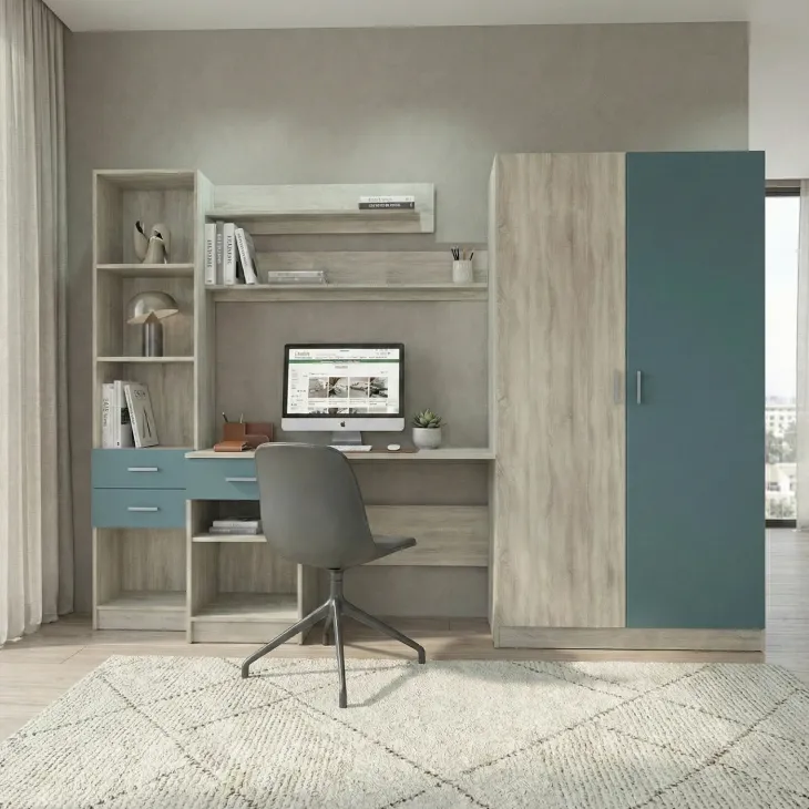 Scrivania ufficio 220x180h cm con armadio e libreria rovere blu petrolio Alexia Gihome®