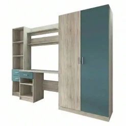 Scrivania ufficio 220x180h cm con armadio e libreria rovere blu petrolio Alexia Gihome®