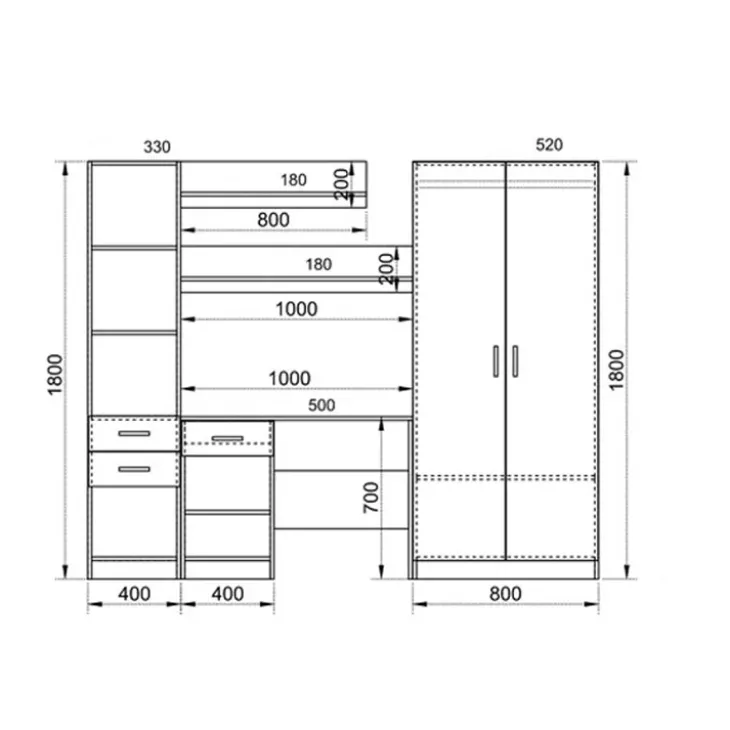 Scrivania ufficio 220x180h cm con armadio e libreria rovere blu petrolio Alexia Gihome®
