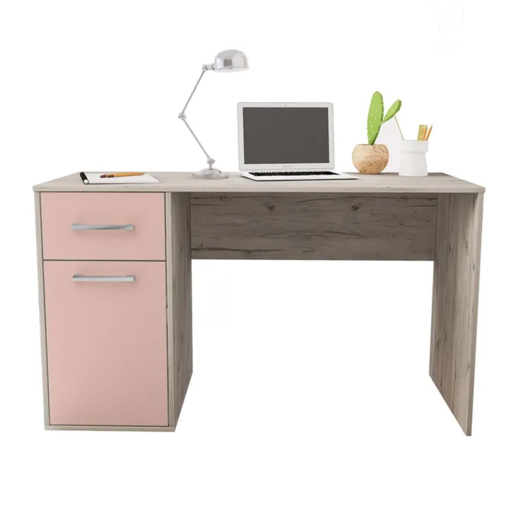 Scrivania 130x60 cm 1 anta 1 cassetto bianco frassinato rosa Bra