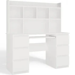 Scrivania 130x51cm con cassetti laterali, libreria e ripiani bianca Toppy