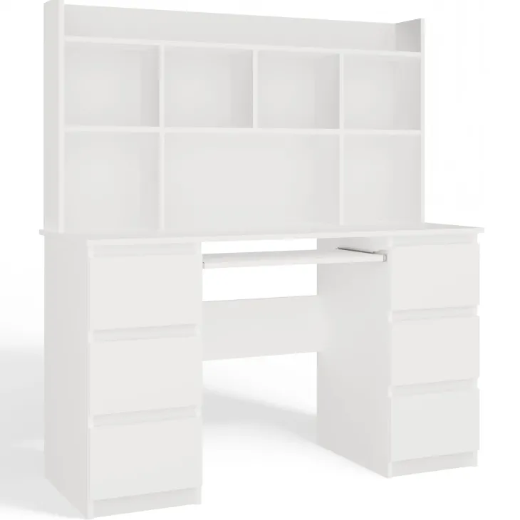 Scrivania 130x51cm con cassetti laterali, libreria e ripiani bianca Toppy
