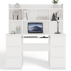 Scrivania 130x51cm con cassetti laterali, libreria e ripiani bianca Toppy
