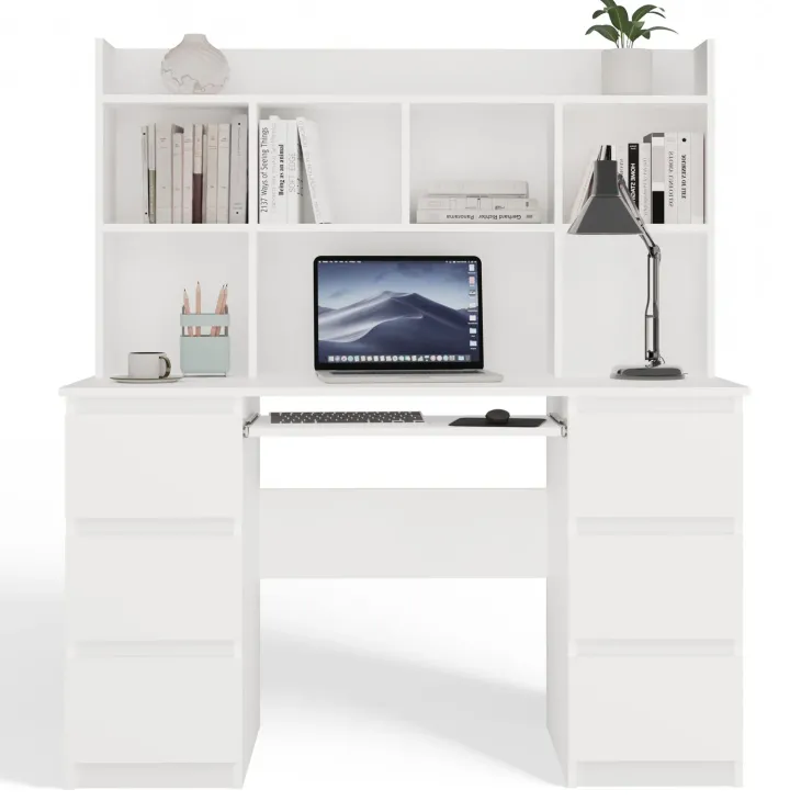 Scrivania 130x51cm con cassetti laterali, libreria e ripiani bianca Toppy
