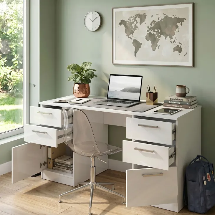 Scrivania 138x68 cm con doppia cassettiera bianco opaco e bianco lucido Dania