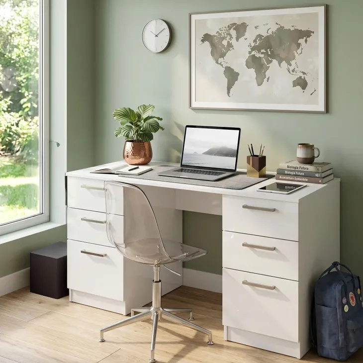Scrivania 138x68 cm con doppia cassettiera bianco opaco e bianco lucido Dania