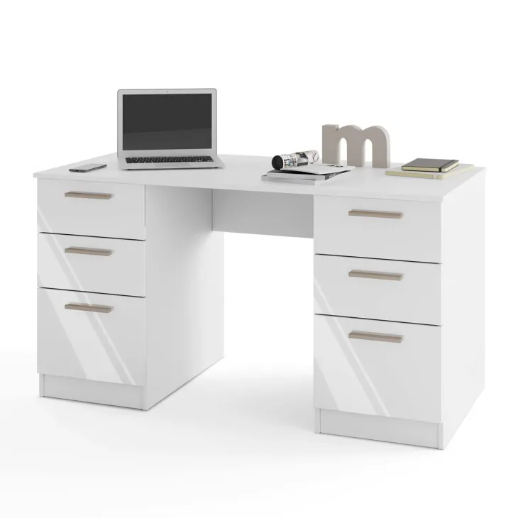 Scrivania 138x68 cm con doppia cassettiera bianco opaco e bianco lucido Dania