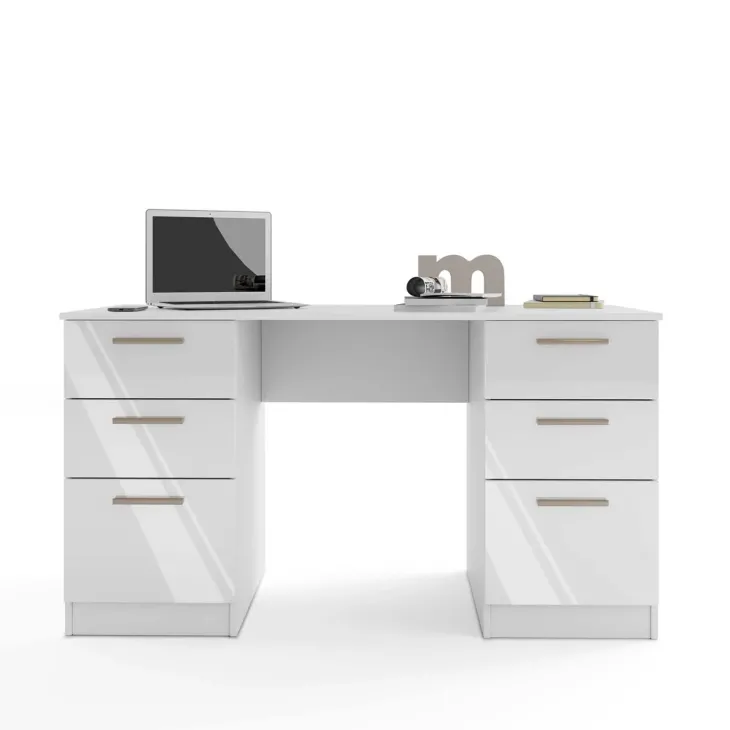 Scrivania 138x68 cm con doppia cassettiera bianco opaco e bianco lucido Dania